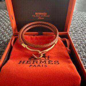 Hermès Jumbo Braided Leather Double-wrap Bracelet Gold-Tone Hardware